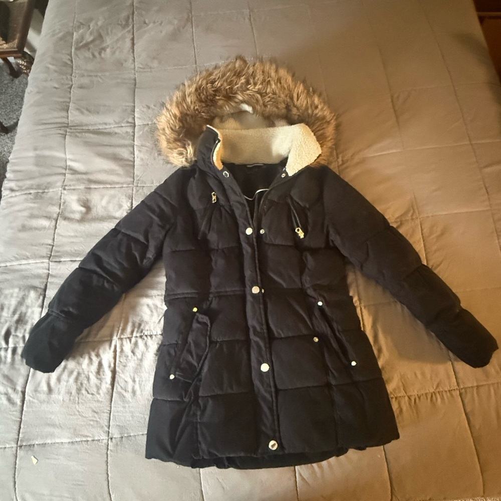 Nautica Black Puffer Coat with Faux Fur Hood